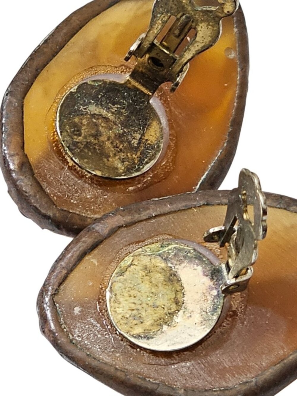 Vintage Amber Lucite Clip-On Earrings Copper Tone Rivet Industrial Style Mid-Cen - Picture 9 of 15
